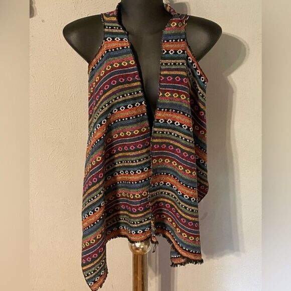 Small Grace & Emma Southwest design embroidered open front striped Boho vest - Picture 3 of 13